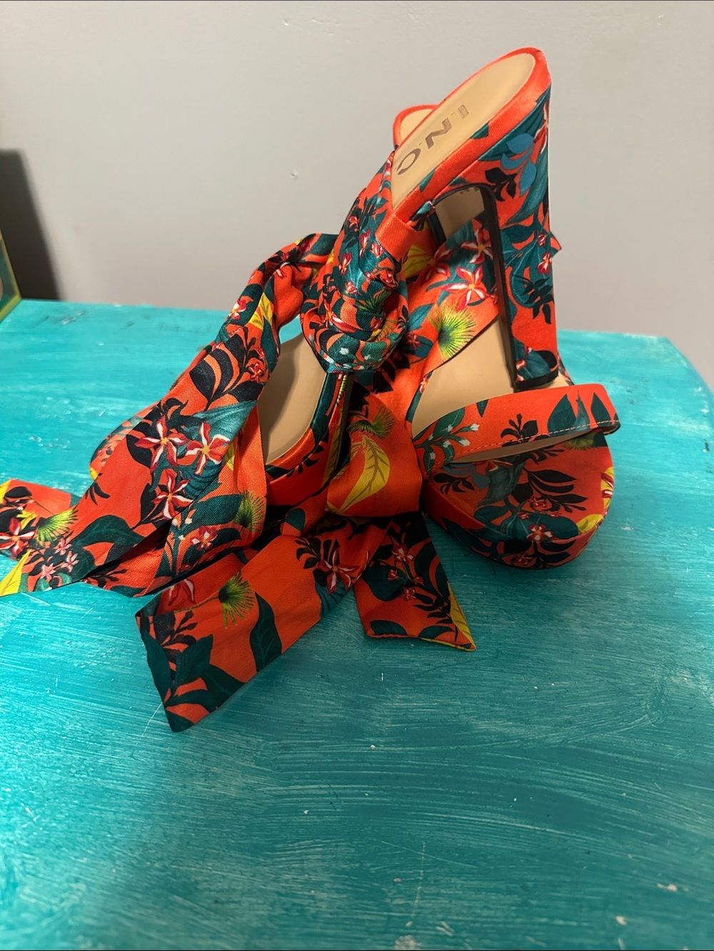 Platform High Heel Sandals - orange Tropical Print